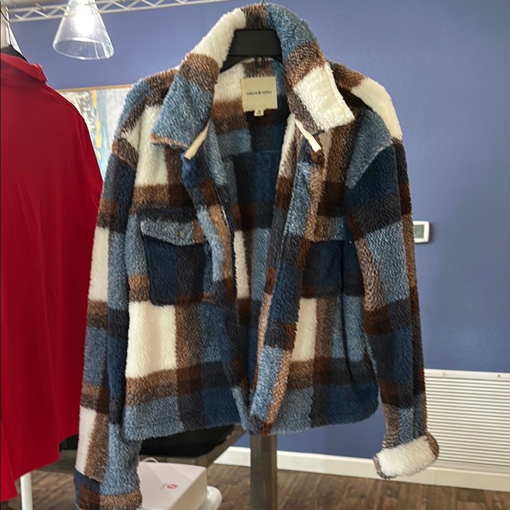 Thread & Supply Blue and Brown Plaid Teddy Jacket